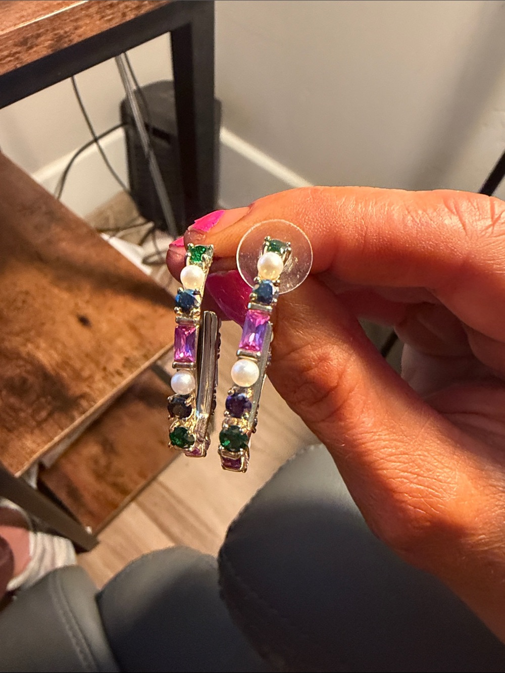 Gold Tone Multicolor Stone & Pearl Hoop Earrings - Picture 4 of 5